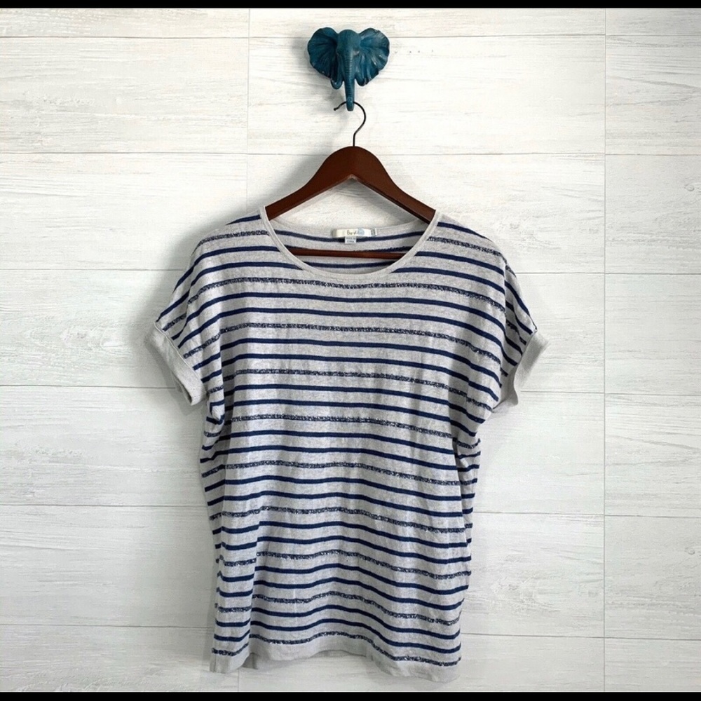 Boden Linen Cotton Navy Gray Glitter Stripe Top